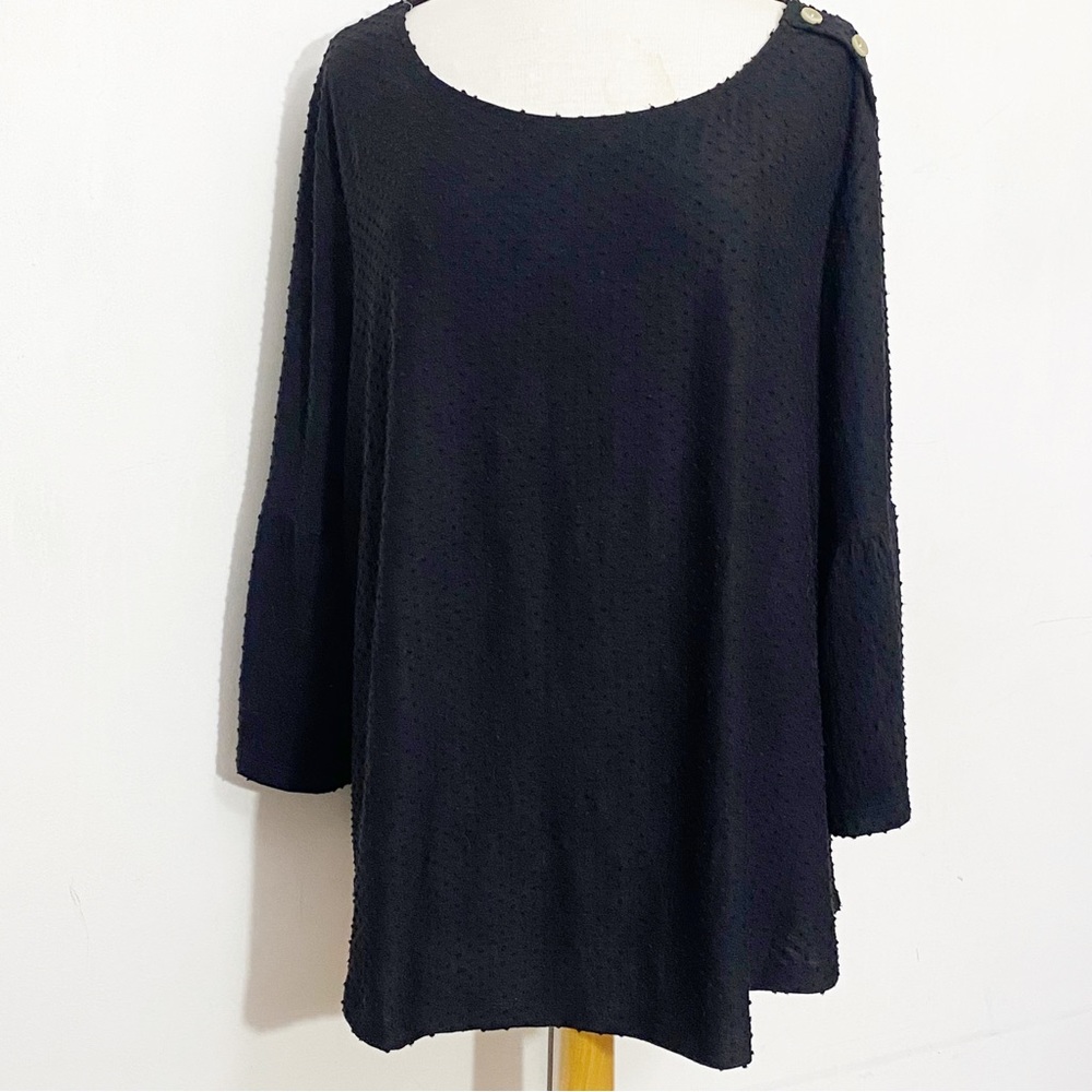 W5 bell sleeve button accent textured polyester blend knit longer top 3X